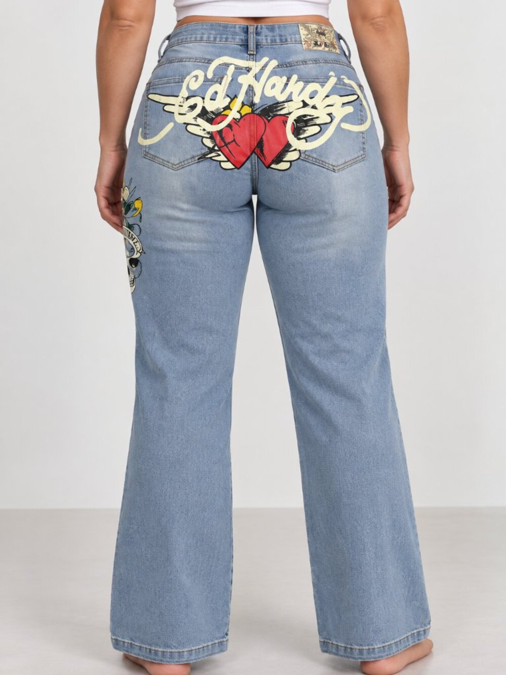 ed hardy embroidered and painted love kills slow blue denim womens flared leg 34